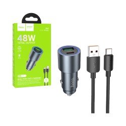 Hoco Car Charger Z60 Bloom 2 Port USB+Type-C 48W with Type-C Cable 1M Metallic Gray Hoco Car Charger Z60 Bloom 2 Port USB+Type-C 48W with Type-C Cable 1M Metallic Gray